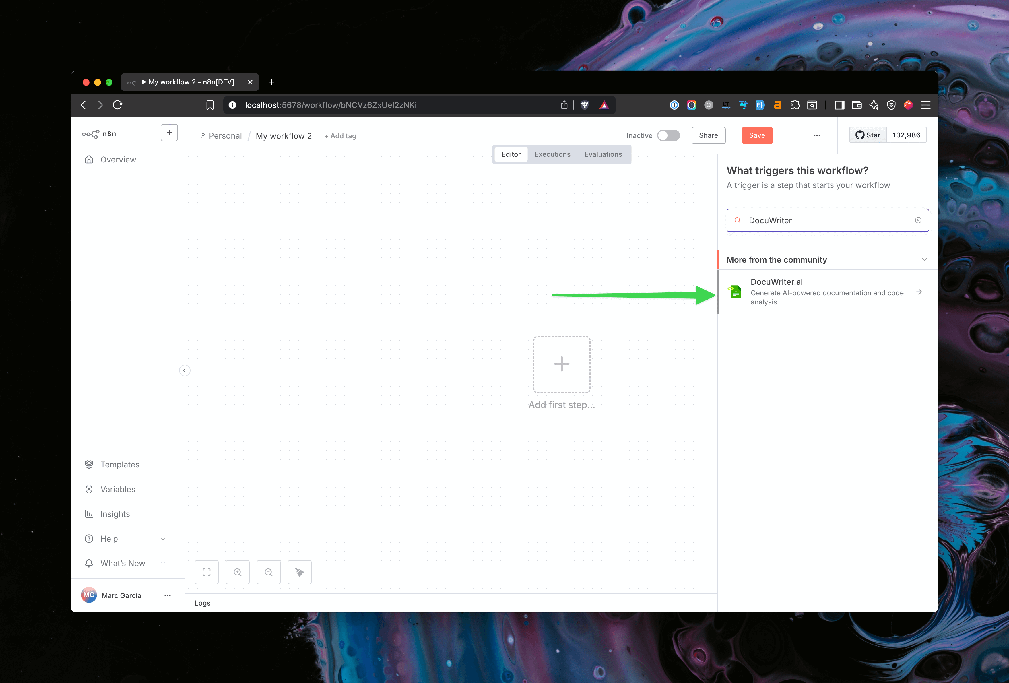 DocuWriter.ai node search in n8n editor